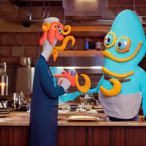 Image similar to film still of an anthropomorphic squid who is the boss of a restaurant, greeting an anthropomorphic sponge man who is a cook in the kitchen