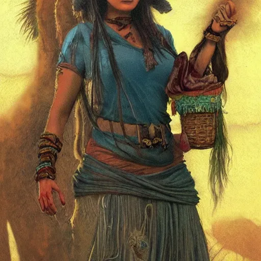 Prompt: a beautiful young indian cottagecore witch, highly detailed, masterpiece, illustrated, art by brom