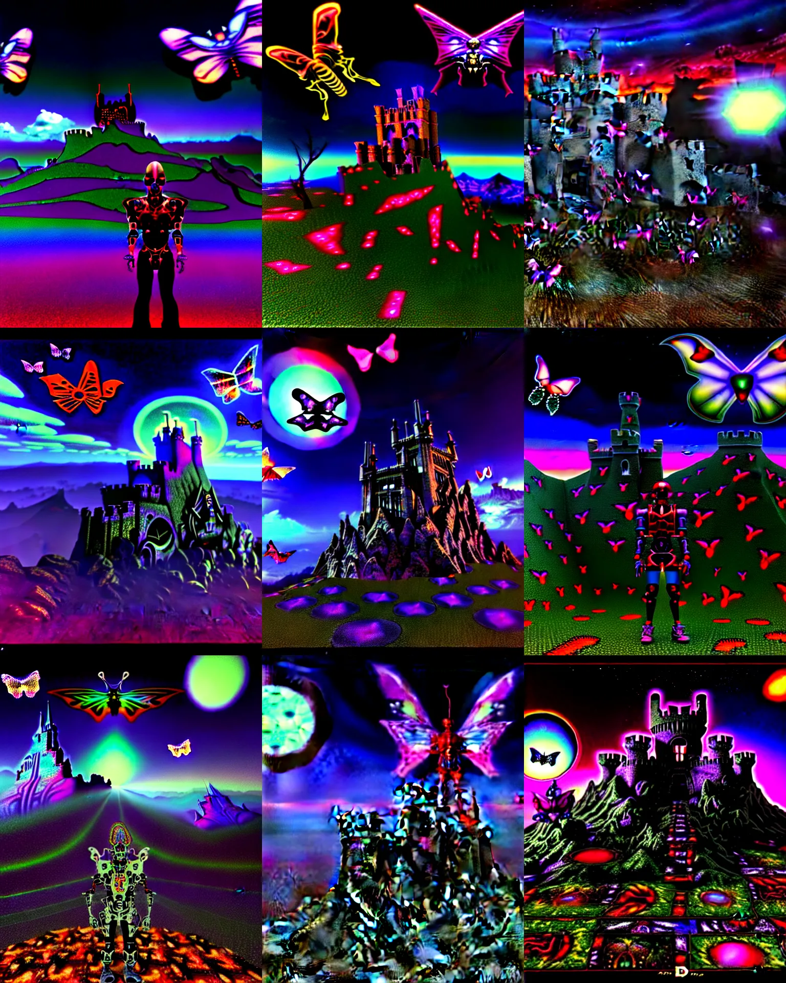 Prompt: 3 d render of cyborg demon diablo 2 mage standing in cybernetic mountain landscape with castle ruins against a psychedelic surreal background with 3 d butterflies and 3 d flowers n the style of 1 9 9 0's cg graphics against the cloudy night sky, lsd dream emulator psx, 3 d rendered y 2 k aesthetic by ichiro tanida, 3 do magazine, wide shot