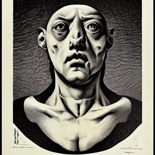 Image similar to lithography on paper weird conceptual figurative post - morden monumental dynamic portrait by goya and escher and hogarth, illusion surreal art, highly conceptual figurative art, intricate detailed illustration, controversial poster art, polish poster art, geometrical drawings, no blur