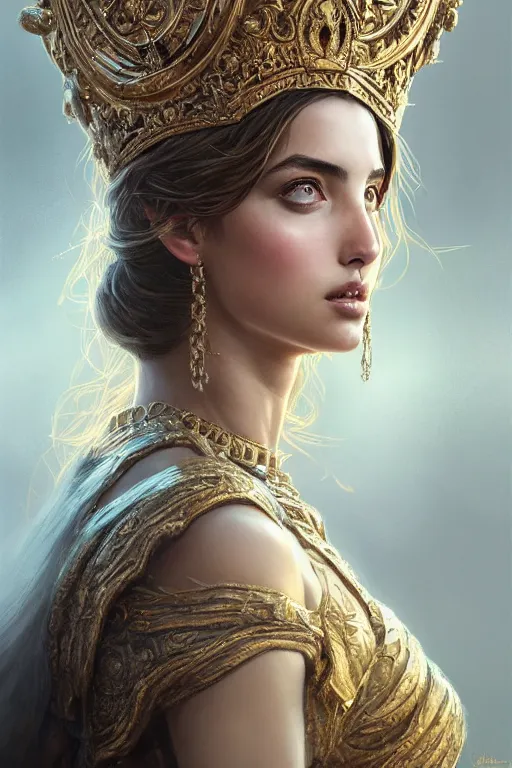 Prompt: highly detailed portrait of ana de armas as an elegant goddess, ornate crown, beautiful symmetrical face, digital painting, artstation, concept art, smooth, clear focus, illustration, greg rutkowski, artgerm, global lighting, detailed and fantasy