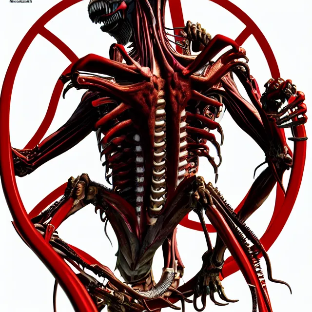 Image similar to full profile of evangelion xenomorph as circular vitruvian man by biomechanical, ultra wide angle, full body, no crop, golden ratio, ultra details