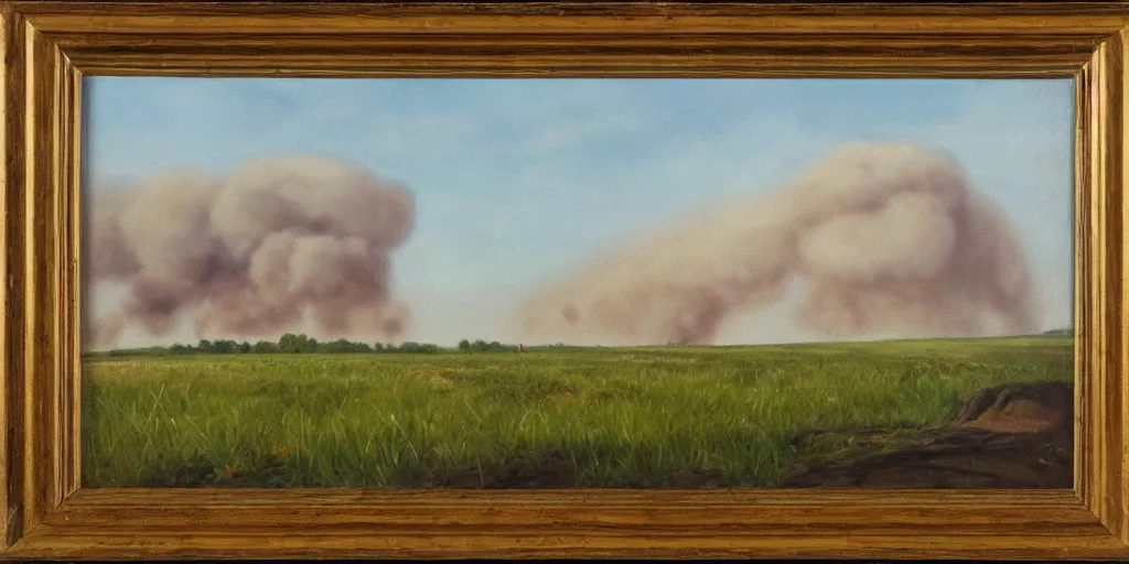 Image similar to an eastern front battlefield landscape, summertime, shell craters, distant smoke column on the horizon, oil painting in the style of peredvizhniki