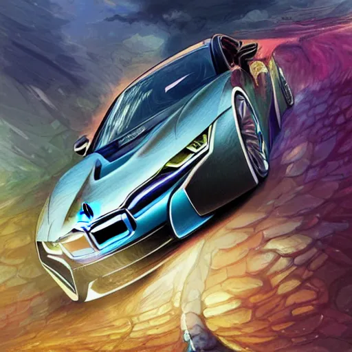 Image similar to bmw i 8 colorful, fantasy, intricate, highly detailed, digital painting, hq, trending on artstation, illustration, style of stanley artgerm and greg rutkowski and dan mumford