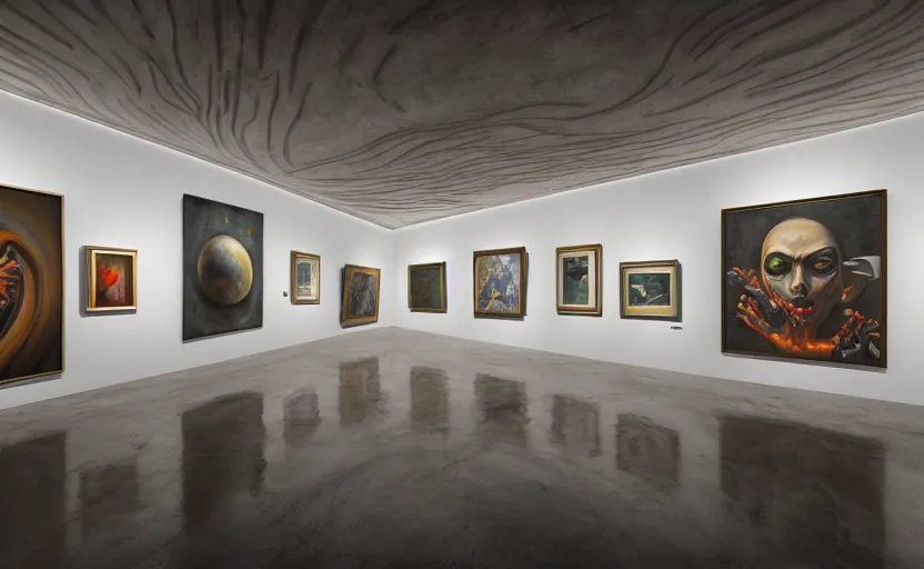 Prompt: interior futuristic art gallery wide angle highly detailed by santiago calatrava, wall hanging paintings of art by saturno butto! and wlod, captivating 8 k hdr, octane render godrays