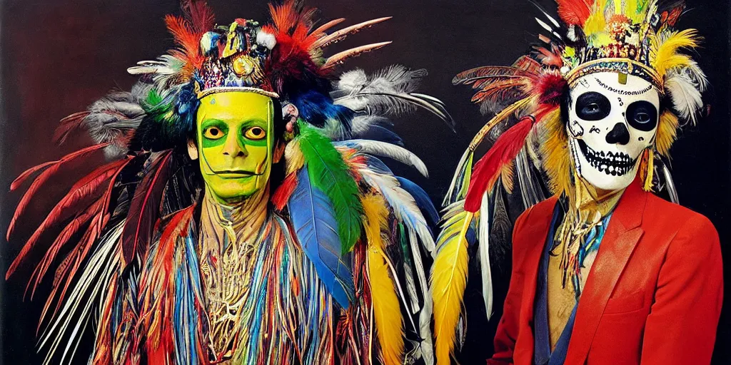 Prompt: ney matogrosso with paint on face, feathers, leather, lace, gold wings on head, tibetan skeleton dancer, painting by gottfried helnwein, max ernst