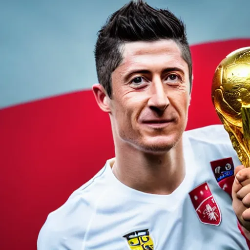 Image similar to portrait of Robert Lewandowski holding World Cup trophy, 4k, hq, high details, natural light, perfect quality, professional photography, award winning photo, a lot of details, perfect face