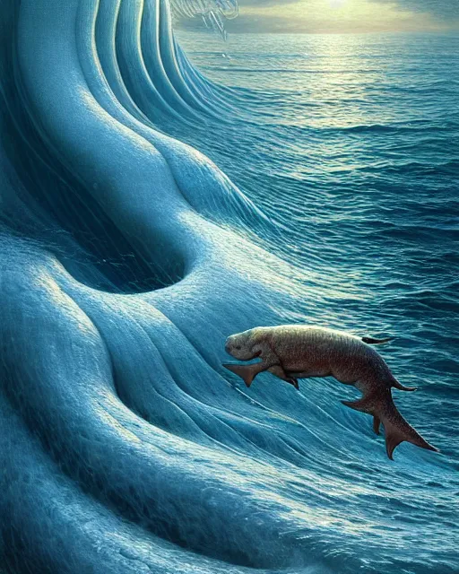 Prompt: a hyper - detailed 3 d render of water animals of the creating waves, surrealism!!!!! surreal concept art, lifelike, photorealistic, digital painting, aesthetic, smooth, sharp focus, artstation hd, by greg rutkowski, klimt and nixeu and ian sprigger and wlop and krenz cushart,