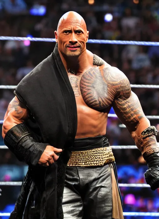 Prompt: dwayne johnson entering entrances ramp of smackdown as samurai!