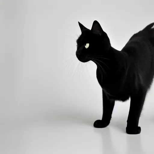 Image similar to national geographic photograph of a sleek black cat sitting in a white room