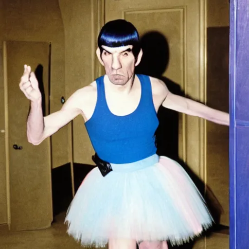 Image similar to color photo of spock in a tutu exiting the tardis