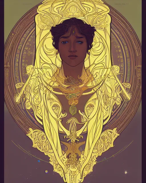 Prompt: a portrait of a galaxy as an androgynous druid speaking, occult, ornate, minimal, bust by alphonse mucha, decorative art nouveau border, astrophotography, vast cosmos, digital illustration, trending on artstation