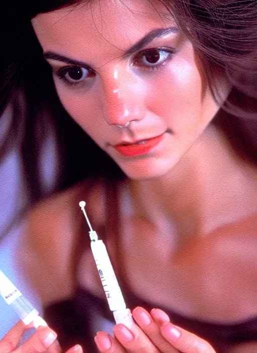 Image similar to 1986 film still from an Italian drama film of a Victoria Justice as the goddess of syringe needles . ultra detailed painting at 16K resolution and amazingly epic visuals. epically beautiful image. amazing effect, image looks gorgeously crisp as far as it's visual fidelity goes, absolutely outstanding. vivid clarity. ultra. iridescent. mind-breaking. mega-beautiful pencil shadowing. beautiful face. Ultra High Definition. godly shading. amazingly crisp sharpness. photorealistic film cel processed twice..