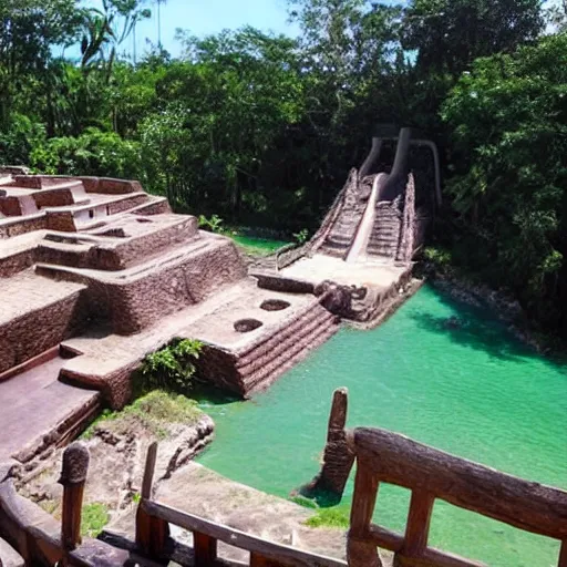 Prompt: ancient mayan waterpark full of carved water slides
