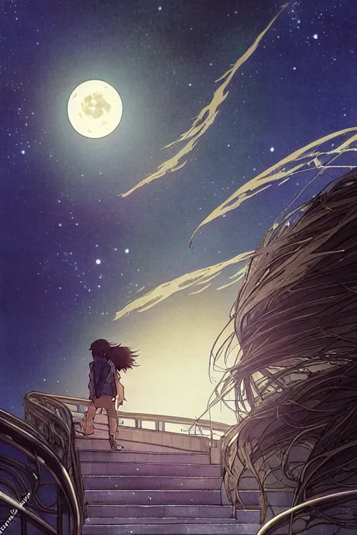 Image similar to a full moon containing the glimmering stairways to otherworldly galaxies, high intricate details, rule of thirds, golden ratio, cinematic light, anime style, graphic novel by fiona staples and dustin nguyen, by beaststars and orange, peter elson, alan bean, studio ghibli, makoto shinkai