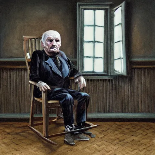 Image similar to angry old man in chair inside a dark house, surrealism