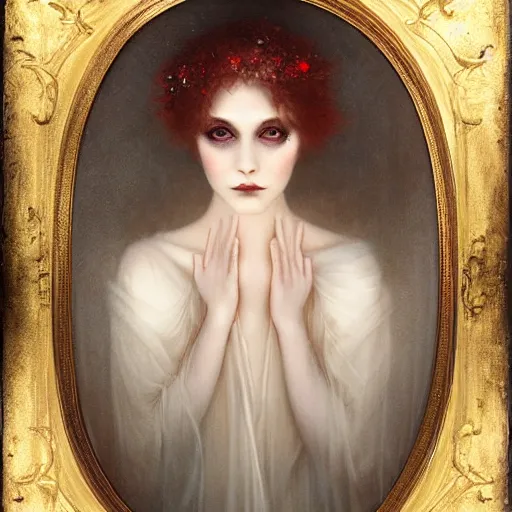 Prompt: pale young ghost girl, by tom bagshaw, by gaston bussiere, by jean deville, candlelight