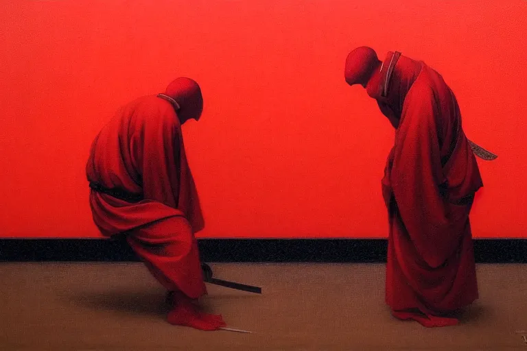 Image similar to only with red, a red samurai do seppuku, tokio, a lot of frogs watch, in the style of beksinski, parts by edward hopper, parts by rodcenko, parts by yue minjun, intricate and epic composition, red by caravaggio, insanely quality, highly detailed, masterpiece, red light, artstation, 4 k