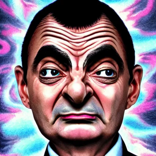 Image similar to beautiful astrotheology esoteric occult art of bionically accurate Mr Bean , award winning high resolution hyper realistic 4k 8k 16k