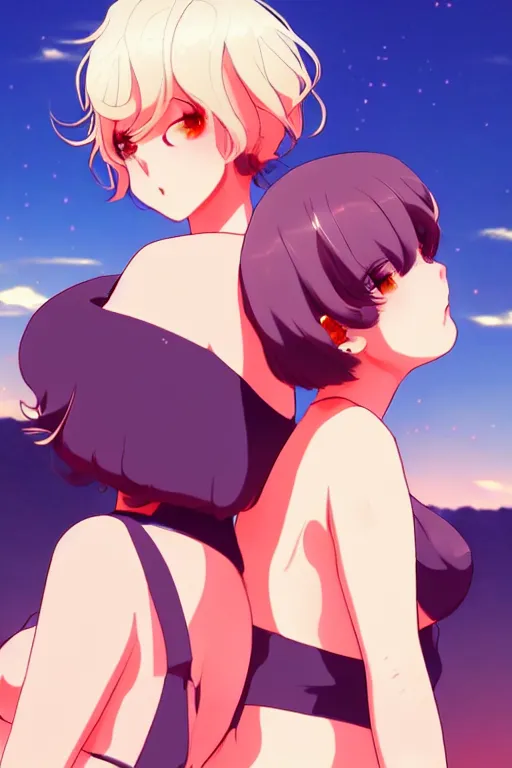 Image similar to two beautiful mothers with short hair outside on a hot summer evening, gorgeous faces, thick lines, cinematic lighting, detailed anime art