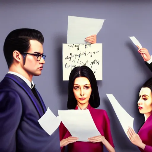 Prompt: hyperrealistic! painting of a woman holding some note papers and three men and a woman watching over, detailed digital art, trending on artstation