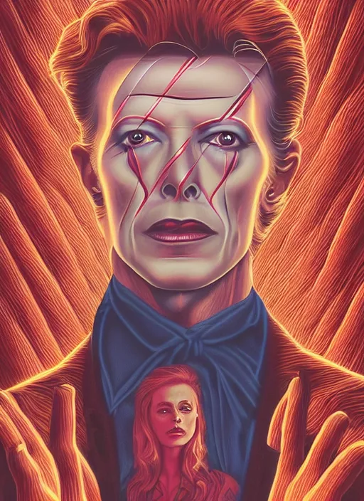 Image similar to twin peaks poster art, portrait of david bowie lost in the labyrinth of the red room, other dimension, this is his fate for the next two years, by michael whelan, rossetti bouguereau, artgerm, retro, nostalgic, old fashioned