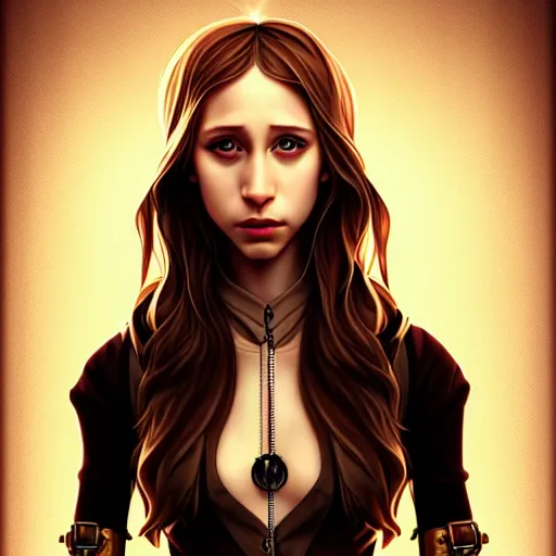 Image similar to in the style of diego fazio, artgerm, beautiful taissa farmiga, steampunk, elegant pose, middle shot waist up, symmetrical face symmetrical eyes, cinematic lighting, detailed realistic eyes, short neck, insanely detailed and intricate elegant