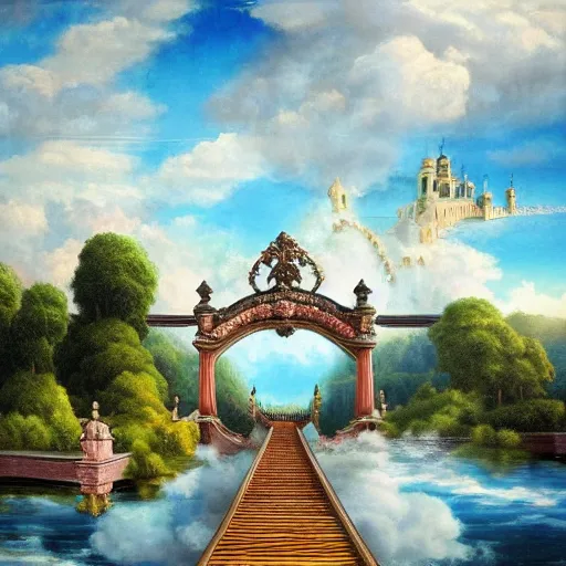 Image similar to bridge leading to an ornate palace in the clouds hyperrealistic fantasy-H 768