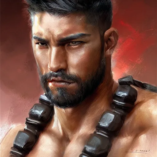 Image similar to Gladiator, muscular, asian, handsome, detailed face, correct face, painting by wlop