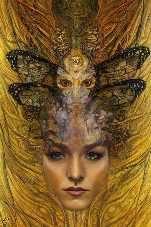 Prompt: Metamorphosis by Karol Bak, Jean Deville, Gustav Klimt, and Vincent Van Gogh, transformation portrait, chimera, visionary, cicada wings, otherworldly, fractal structures, ornate gilded medieval icon, third eye, hybrid, change, spirals, horizontal symmetry