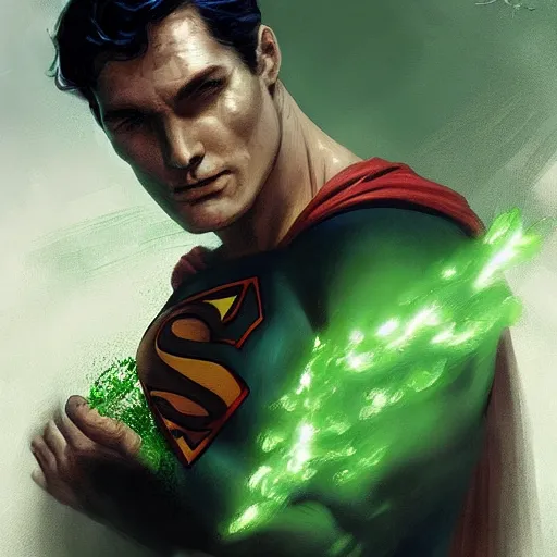 Image similar to superman smoke kryptonite green dust, wlop, superman is high, superman is addicted, by greg rutkowski