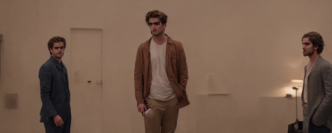 Prompt: 3 / 4 mid shot jacob elordi in a sci - fi wes anderson movie, rembrandt lighting, imax 4 0 mm anamorphic lens,