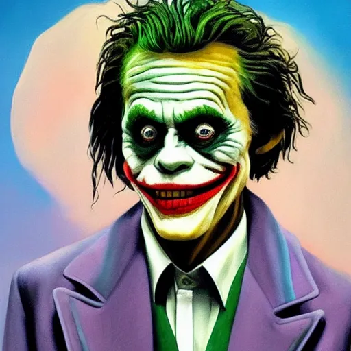 Image similar to Painting of Willem Dafoe as the Joker, from Joker (2019), by Salvador Dali