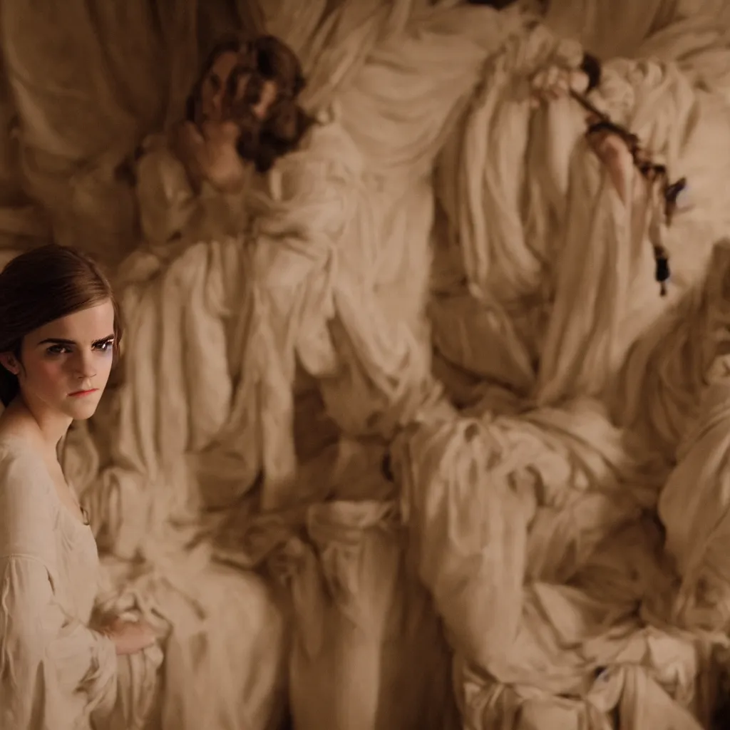 Image similar to closeup center composition Emma Watson long hair flowing robes baroque room cinematic lighting stanley kubrick barry lyndon 4k canon 5d mk4, sigma art lens