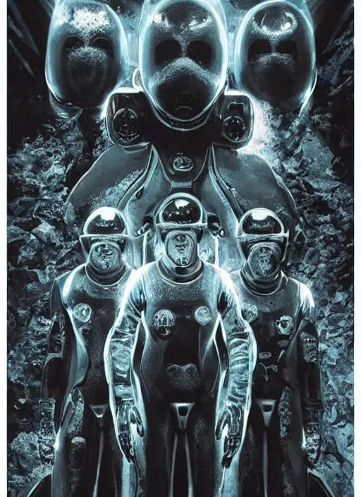 Image similar to symmetrical astronauts in dark and empty void underwater - complex and hyperdetailed technical suit. reflection and dispersion materials. rays and dispersion of light. volumetric light. 5 0 mm, f / 3 2. noise film photo. flash photography. ultra realistic, wide angle. poster by wayne barlowe, hajime sorayama aaron horkey, craig mullins