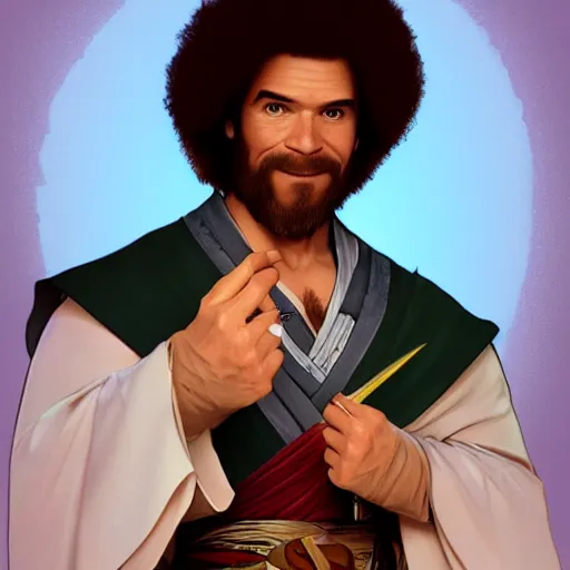 Prompt: an ultra detailed vector image of bob ross dressed as ezio auditore, concept art by alphonse mucha and greg rutkowski, praise the blood moon, octane render