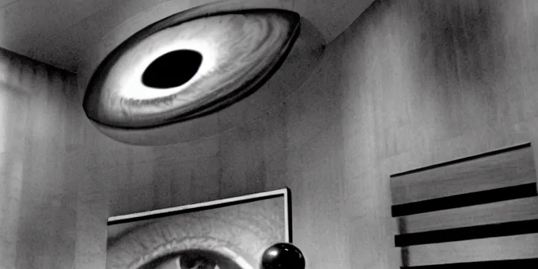 Image similar to photorealistic wide shot cinematography of a giant floating eyeball sculpture in a twilight zone episode shot on film at magic hour with the sun shining into a large 6 0's hotel lobby room filled with volumetric haze by the shining cinematographer john alcott on a cooke panchro 2 7 mm lens.