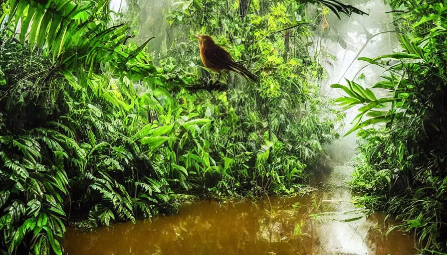 Prompt: a rainy foggy jungle, river with low hanging plants, there is the strangest bird, it’s a huge bird, great photography, ambient light