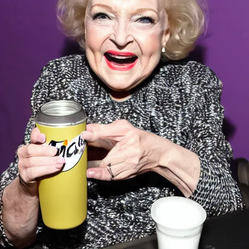 Image similar to betty white drinking white claw with miley cyrus