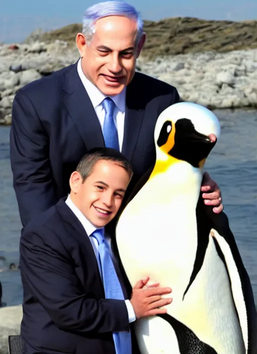 Prompt: benjamin netanyahu hugging a penguin