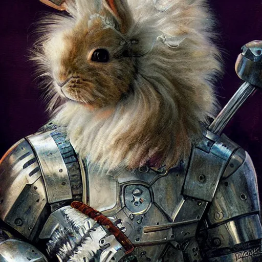 Prompt: the white dwarf lionhead bunny rabbit as a cyberpunk knight, closeup portrait art by norman rockwell and donato giancola and greg rutkowski