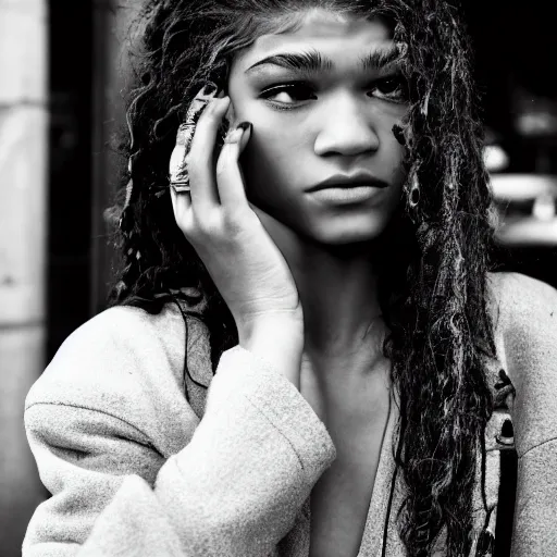 Image similar to black and white fashion photograph, highly detailed portrait of a depressed Zendaya as a drug dealer on a busy Paris street, detailed face looking into camera, eye contact, natural light, rain, mist, lomo, fashion photography, film grain, soft vignette, sigma 85mm f/1.4 1/10 sec shutter, Daren Aronofsky film still promotional image, IMAX 70mm footage
