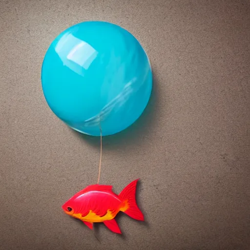 Image similar to a fish floating away from the sea tied to a ballon