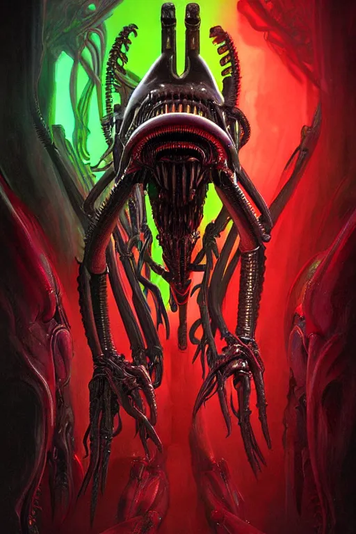 Image similar to horrifying cinematic neon acid biomechanical xenomorph poster, hybrid from doom and art direction by h r giger ; by artgerm ; wayne reynolds art station ; cinematic quality character render ; low angle ; ultra high quality model ; production quality cinema model ;