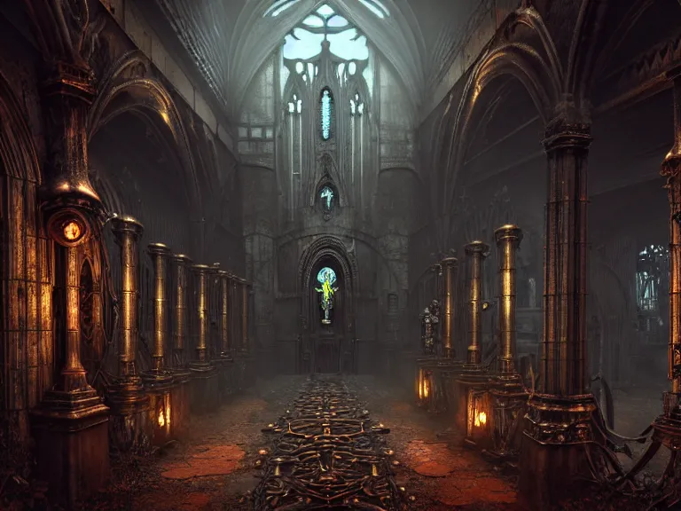 Image similar to steam necropolis, memento mori, gothic, neo - gothic, art nouveau, hyperdetailed copper patina medieval icon, stefan morrell, philippe druillet, ralph mcquarrie, concept art, steampunk, unreal engine, detailed intricate environment, octane render, moody atmospherics, volumetric lighting, ultrasharp, ominous, otherworldly