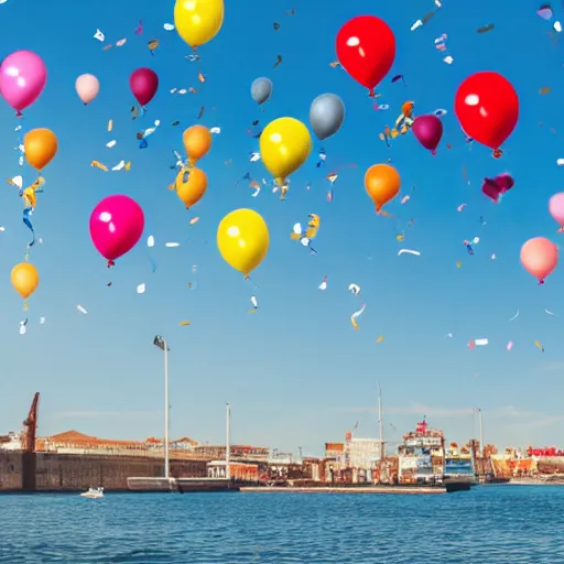 Prompt: photo of a lot of birthday balloons floating above a beautiful maritime port. sharp focus, highly - detailed, award - winning, epic cinematic