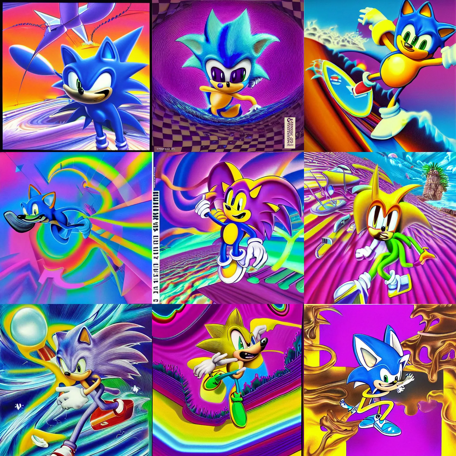 Prompt: surreal, sharp, detailed professional, soft pastels, high quality airbrush art mgmt album cover of a liquid dissolving airbrush art lsd dmt sonic the hedgehog surfing through cyberspace, purple checkerboard background, 1 9 9 0 s 1 9 9 2 sega genesis rareware video game album cover