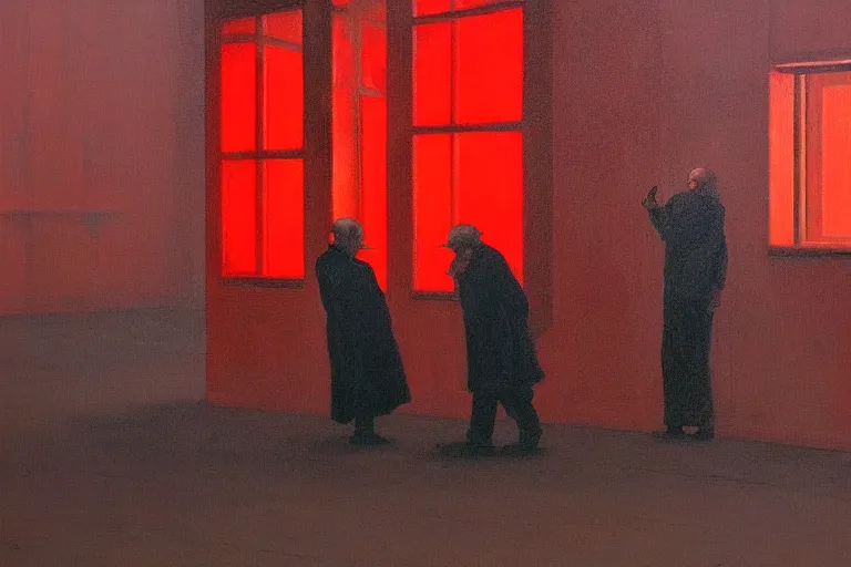 Image similar to only with red, a red old man try to sell a portrait, a crowd cheering, in a city square, in the style of beksinski, parts by edward hopper, parts by rodcenko, parts by yue minjun, intricate and epic composition, red by caravaggio, insanely quality, highly detailed, masterpiece, red light, artstation, 4 k