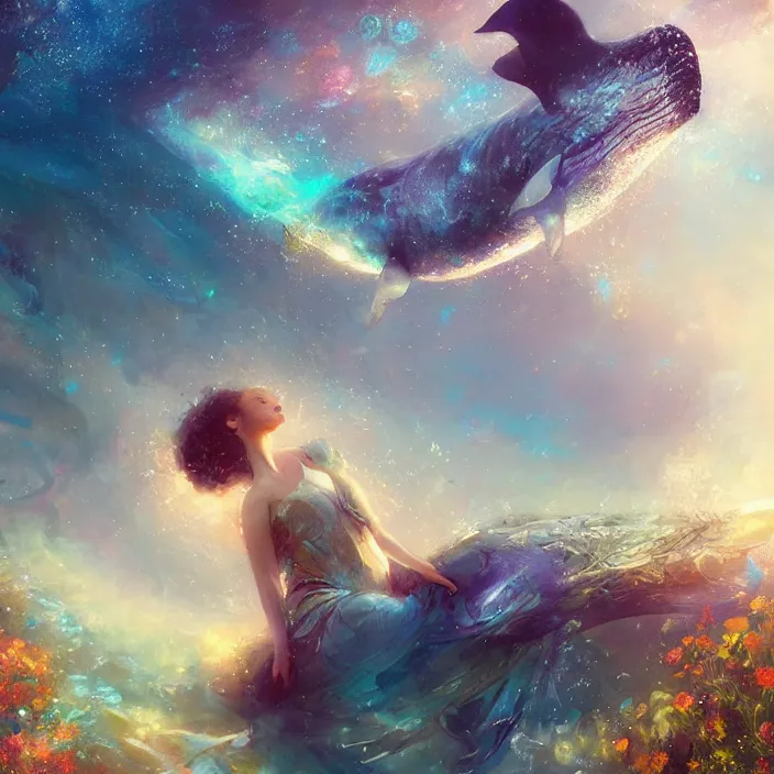 Image similar to glimmering whale, flowing dress, flowers, cosmos, milky way galaxy, golden hour, god rays, coral reef, dreamscape by artgerm and ruan jia and ismail inceoglu and greg olsen, masterpiece, beautiful, intricate, elegant, highly detailed