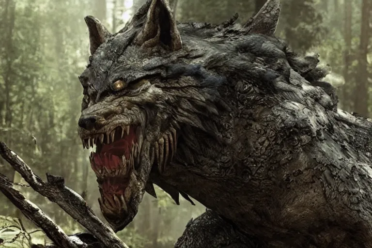 Image similar to vfx movie closeup detailed ancient armored warrior orc hunting riding large wolf in the forest, natural lighting by emmanuel lubezki